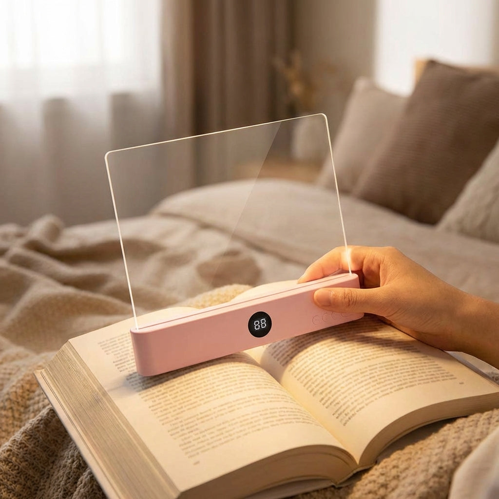 Hand holding a pink LED reading lamp over an open book on a bed.